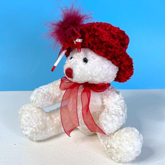 Vintage Dan Dee Red Hat w/Roses White Teddy Bear 8" Plush Stuffed Animal‎ Toy - Picture 3 of 5